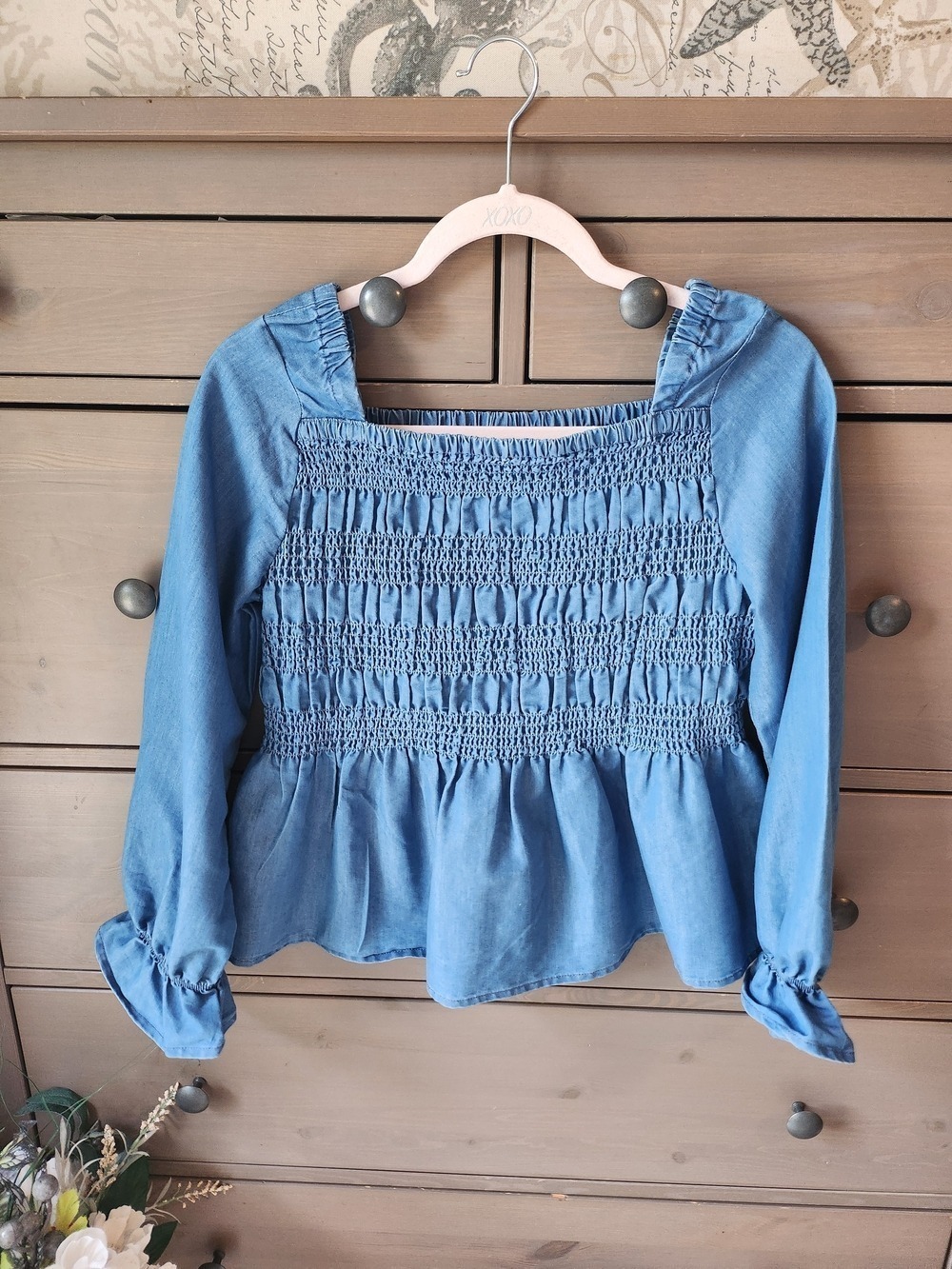 Junior Xl (16) Blue Smocked Peasant Top